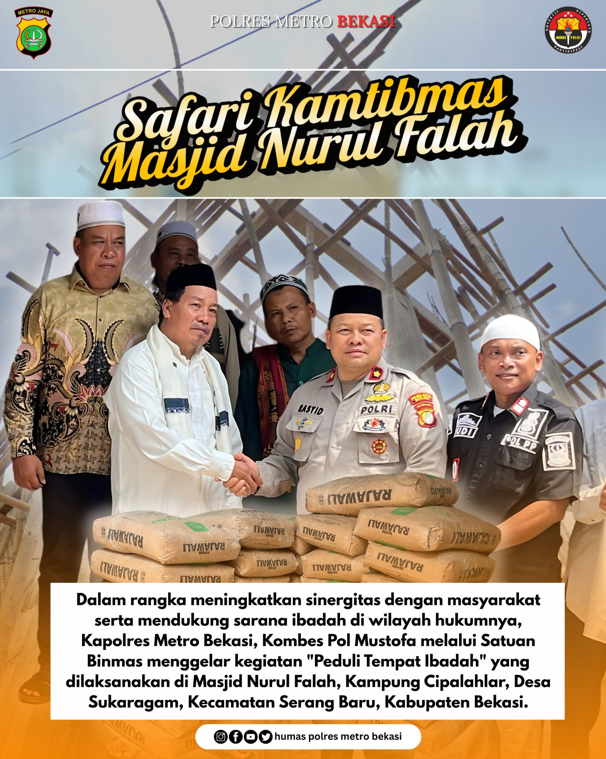 Polres Metro Bekasi Salurkan 50 Sak Semen untuk Masjid Nurul Falah