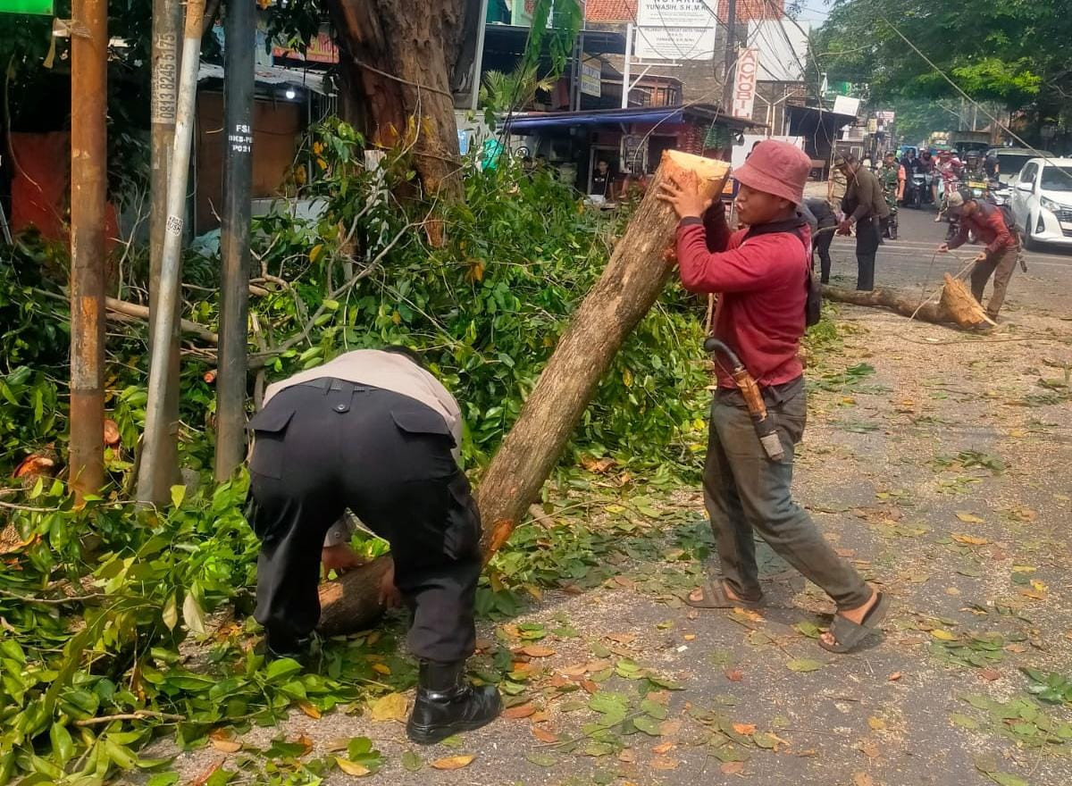 Sinergi Lintas Instansi, Bhabinkamtibmas Jatiluhur Amankan Penebangan Pohon di Jalan Wibawa Mukti