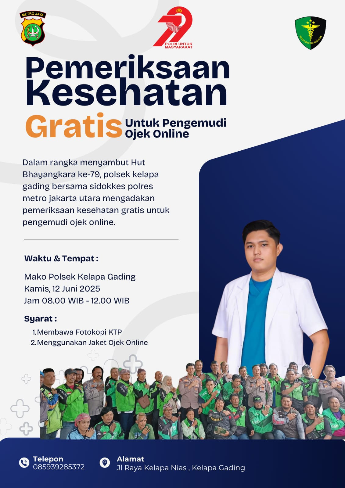 Peduli Kesehatan Ojol, Polsek Kelapa Gading Gelar Pemeriksaan Gratis Jelang HUT Bhayangkara ke-79