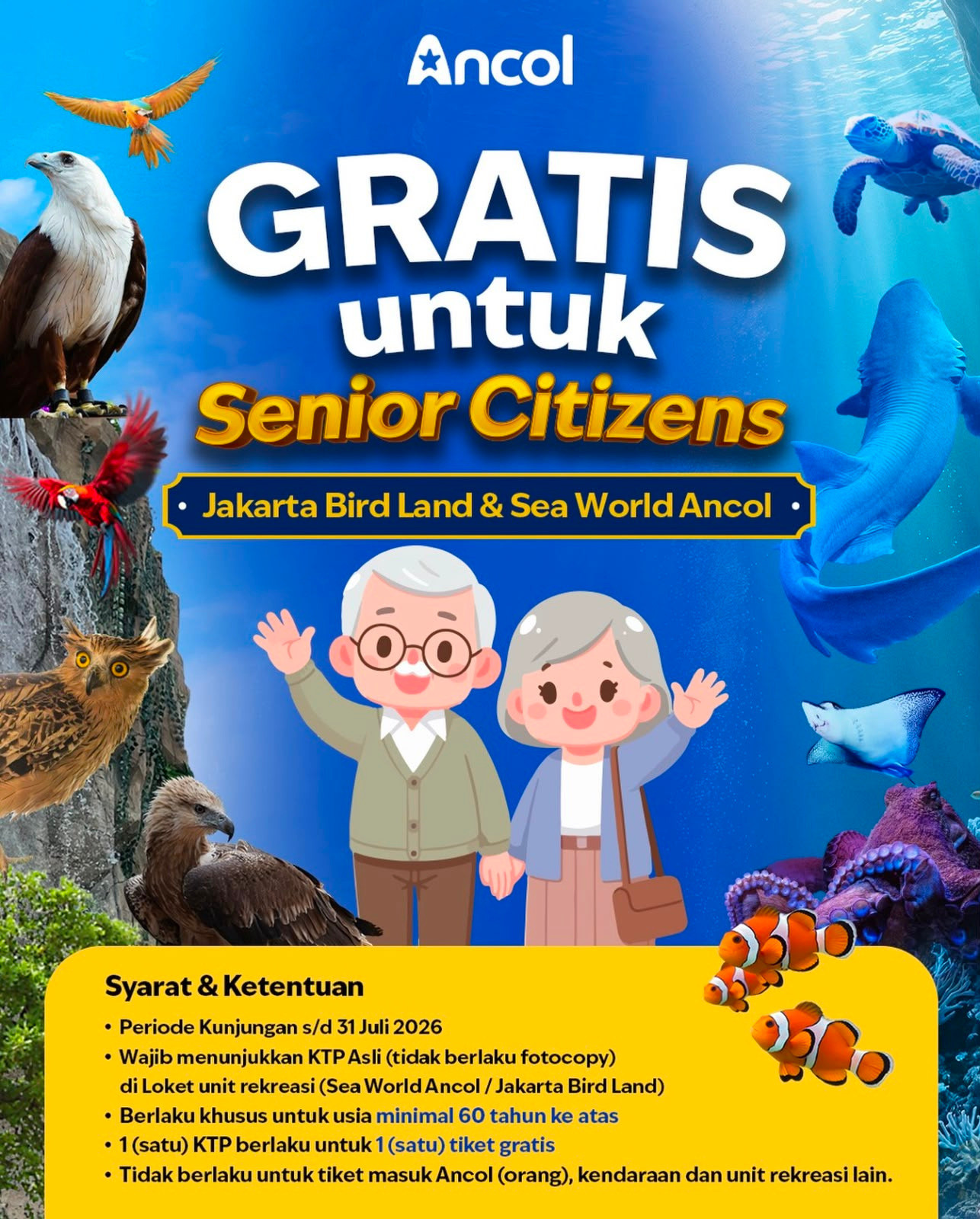 Ancol Gratiskan Tiket Sea World dan Jakarta Bird Land untuk Lansia hingga 31 Juli 2026