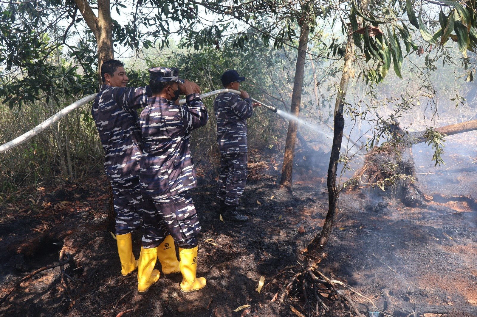 Respons Cepat, Lanal Banjarmasin Bersama Tim Gabungan Lokalisir Karhutla di Guntung Damar