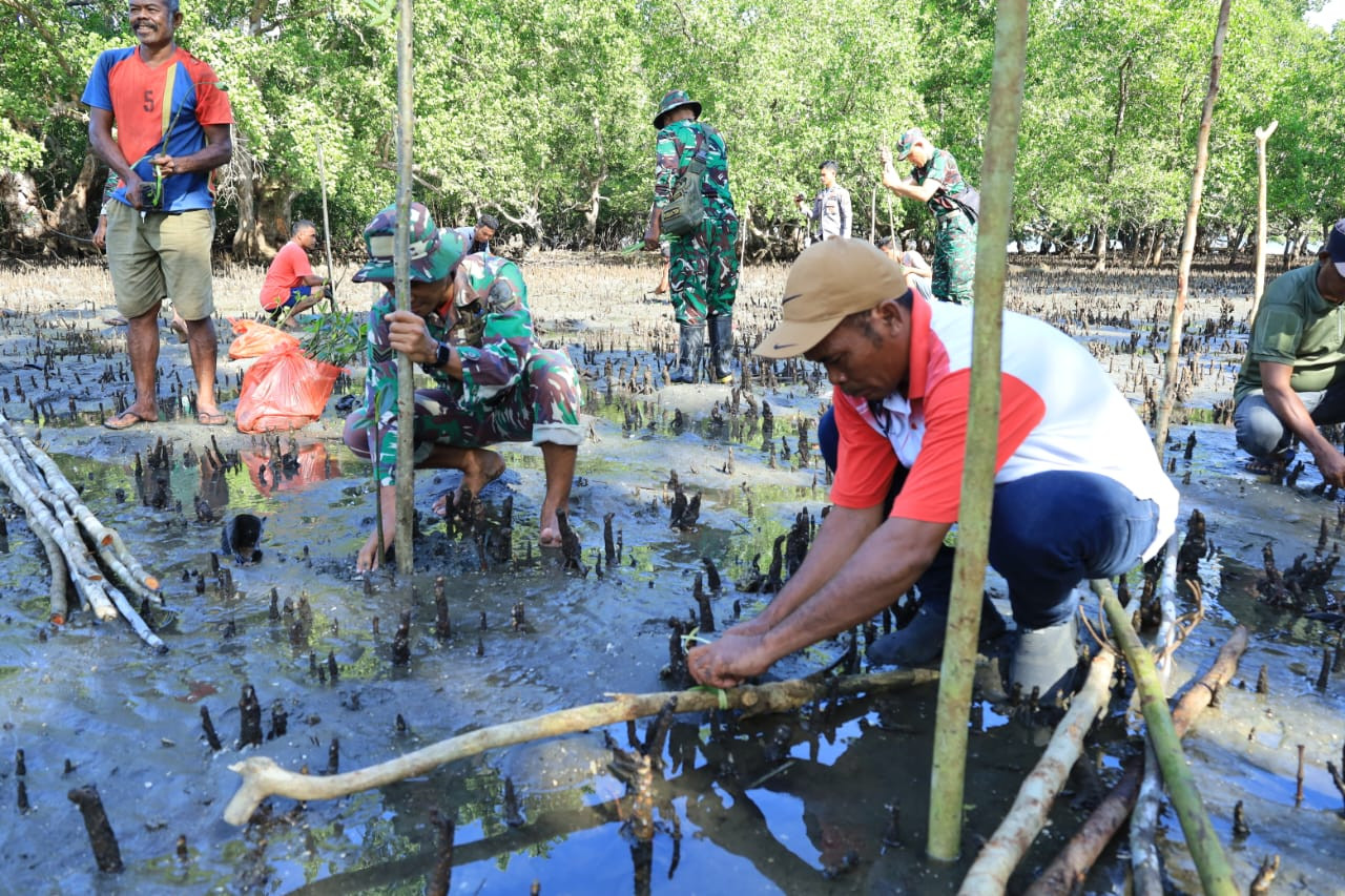 Lestarikan Pantai, Satgas TMMD Kodim 1505/Tidore Galakkan Penanaman Mangrove di Oba Selatan
